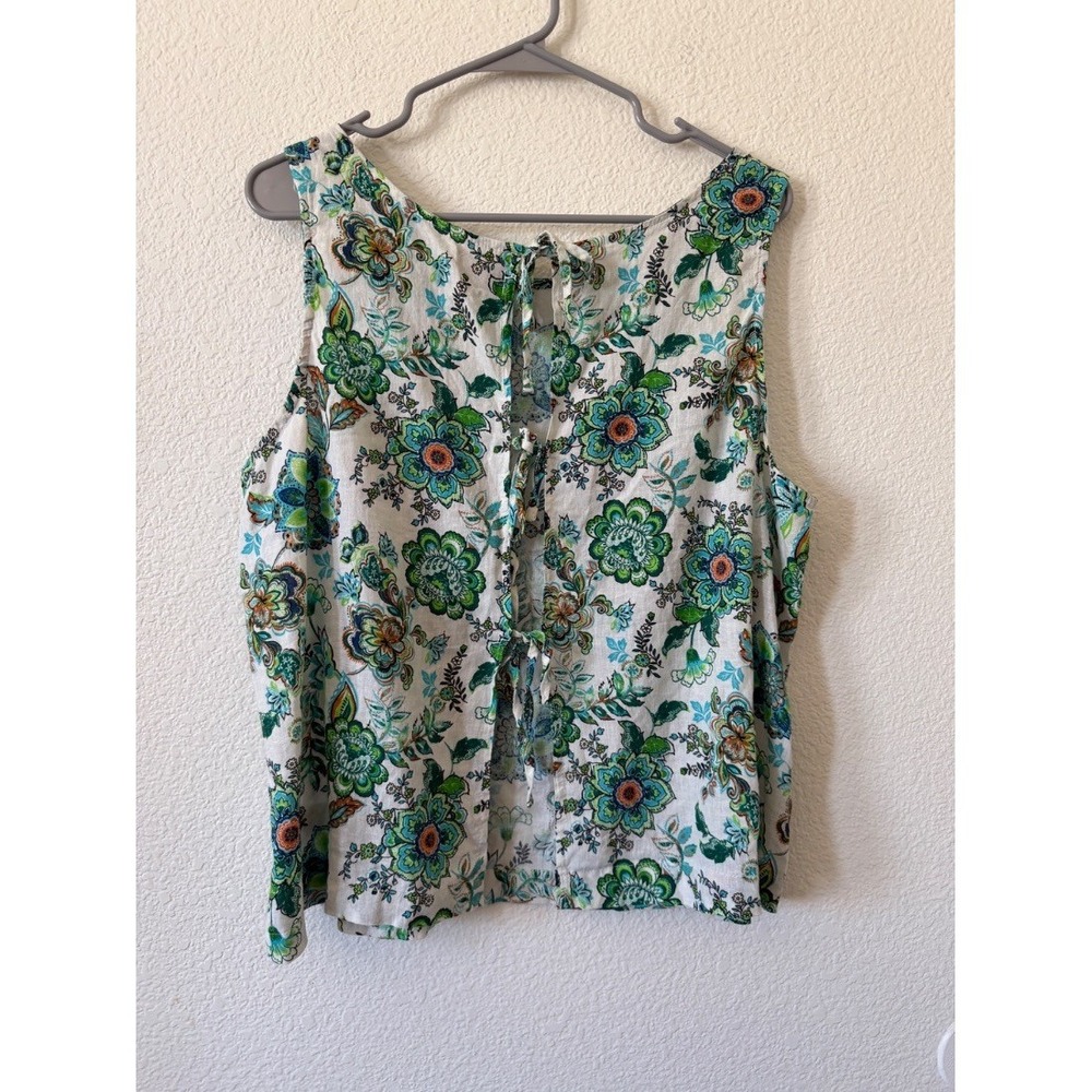 Womens Floral Linen Rayon Sleeveless Blouse Top Green Blue White Tie Back size X - Picture 3 of 13
